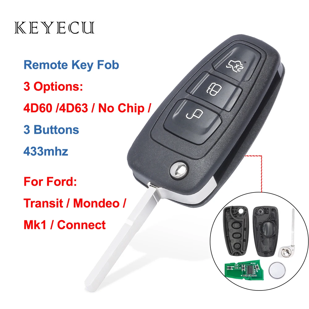 

Keyecu Remote Car Key Fob 3 Buttons 433MHZ 4D60 / 4D63 / No Chip for Ford Connect Focus Mondeo Fiesta Transit C-Max HU101 Blade