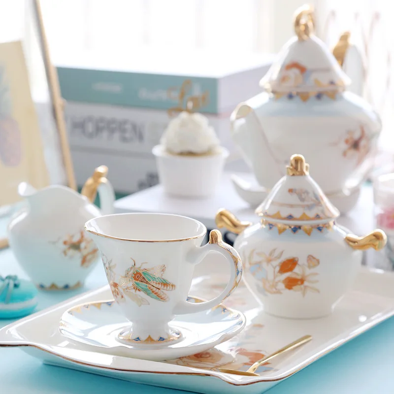 European Afternoon Tea Ceramic Tea Set Handmade Luxury Porcelain Coffee Pot Coffee Cup Saucer Tray Home Bone China Drinkware