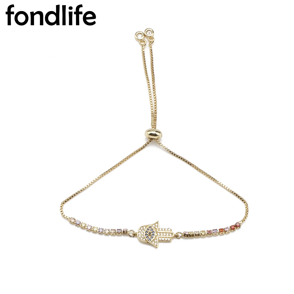 Cyrkonia kryształ złoty niklowany mosiądz Hamsa ręka fatimy Charm bransoletka kobiety miedziane koraliki Box łańcuch czerwony przewód biżuteria prezent