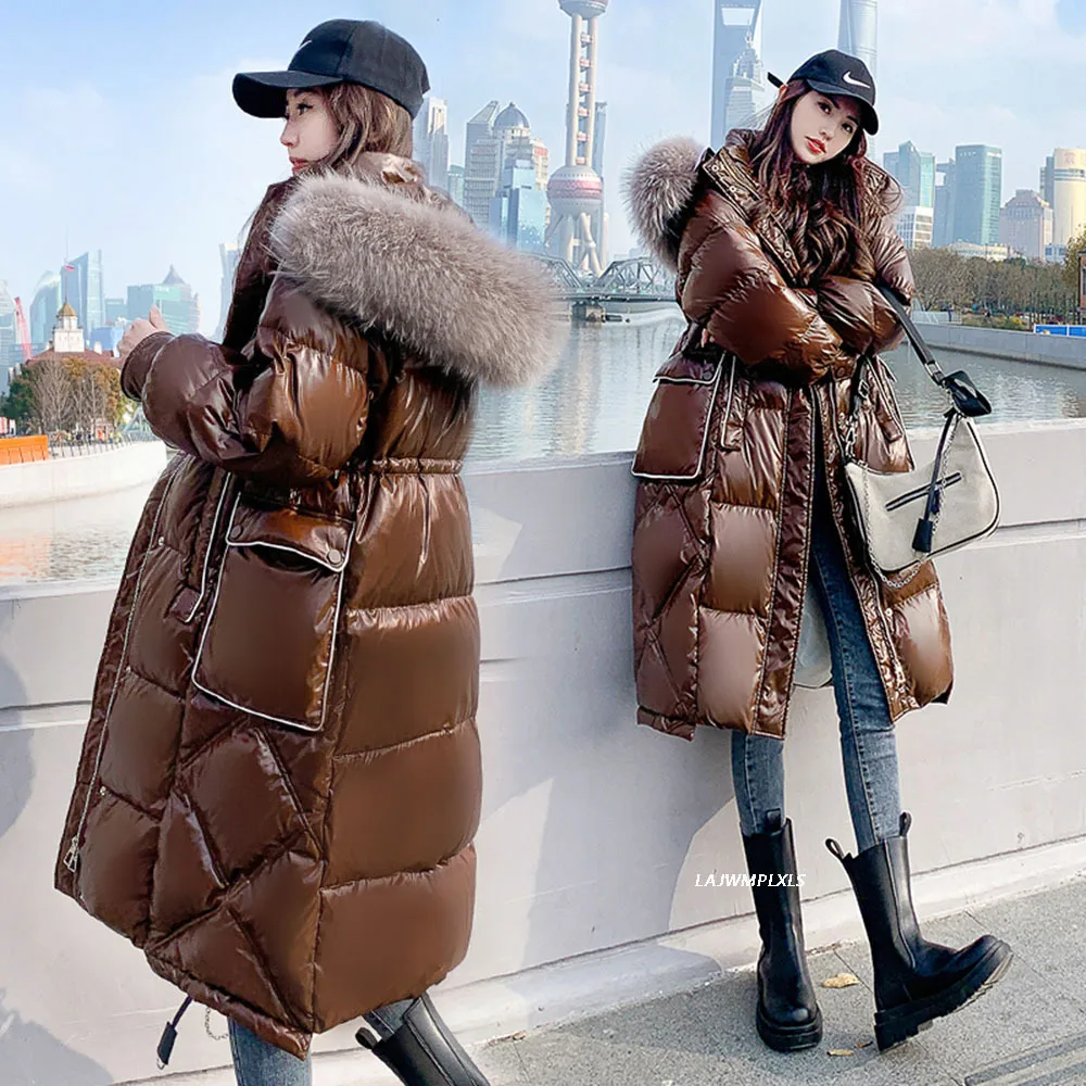 Luxury Brand Women\'s Winter 90% White Duck Down Jacket Real Raccoon Fur Collar Hooded Long Glossy Puffer Fluffy Feather Coat