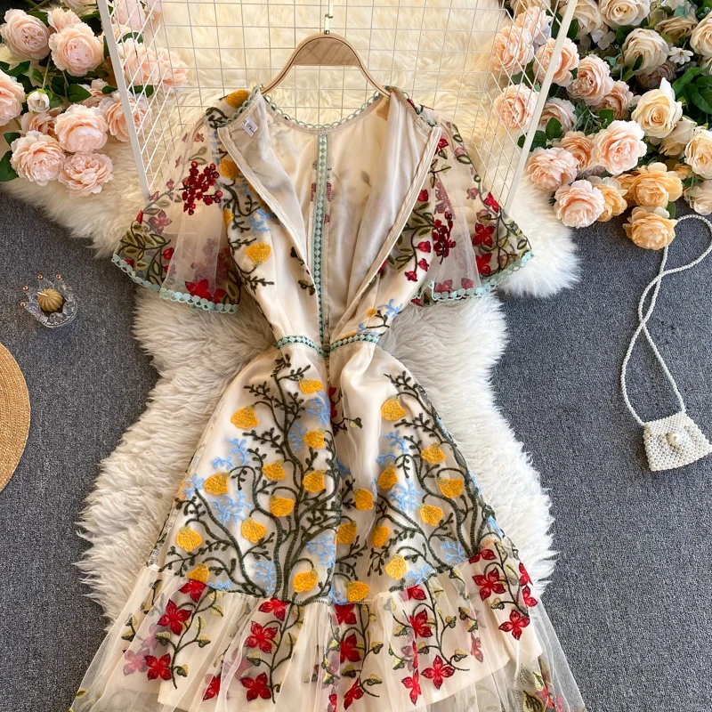 فستان SINGREINY بتصميم شبكي عتيق للنساء بأكمام قصيرة وكشكشة على شكل حرف a فستان صيفي أنيق عالي الجودة ملابس خروج أنيقة