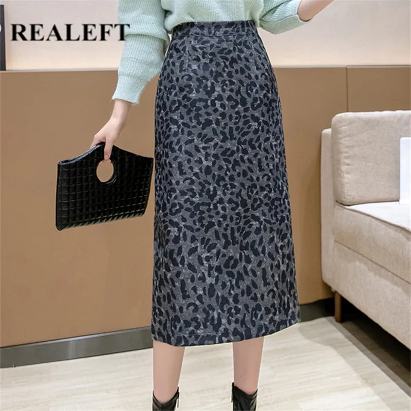 REALEFT Autumn Winter Leopard/Zebra Printed Woolen Women's A-Line Skirts 2021 New High Waist Back Split Midi Wrap Skirts Female