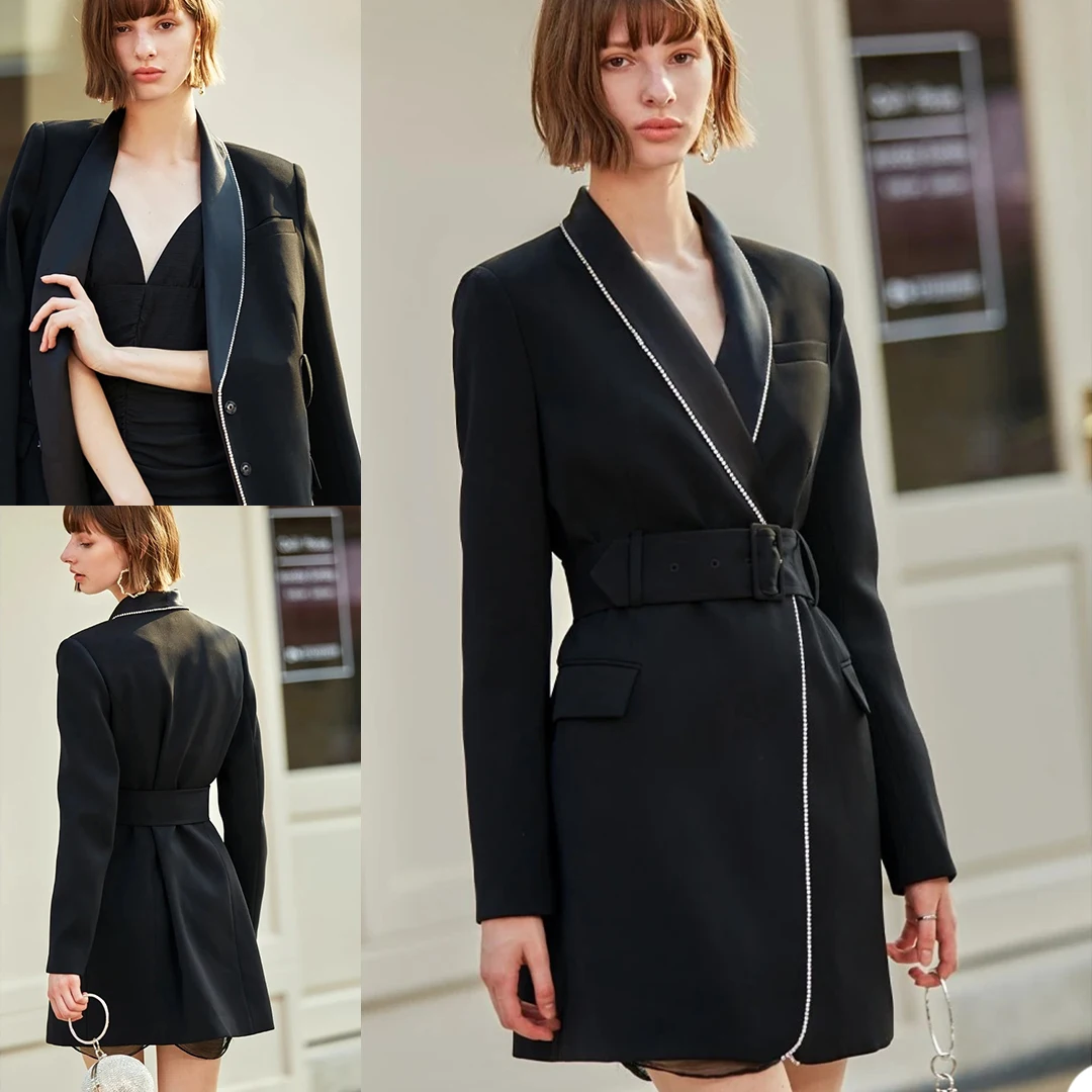 

Young Girl Blazer Shawl Lapel Custom Made V Neck Long Sleeve Jacket With Belt Fashion Streetwear Daily Casual Coat