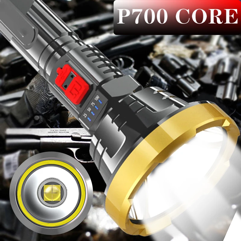 P700 Core Power Flashlight Built-in Battery USB Rechargeable Long Range Torch Waterproof Tactical Ultra Bright Lamp 3Modes Light