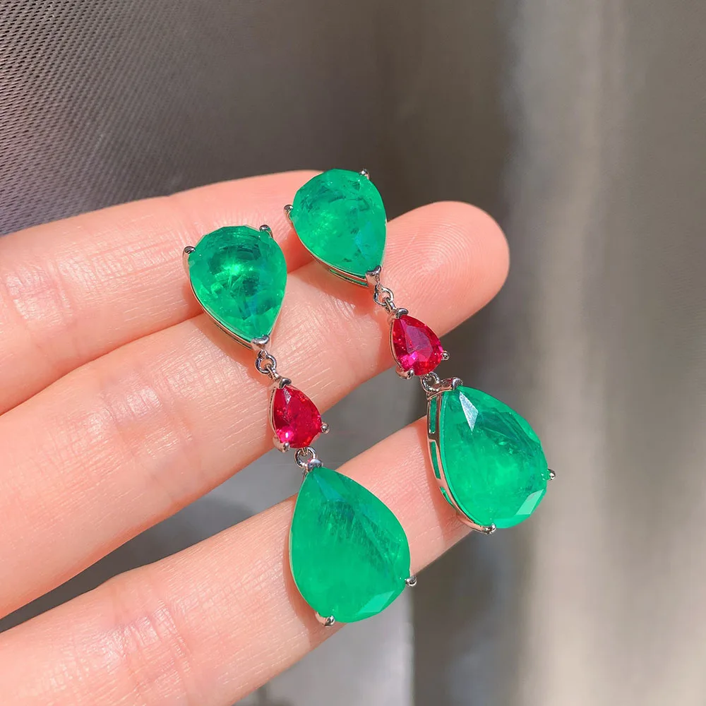 Charms Vintage Paraiba Tourmaline Emerald Gemstone Drop Big Earrings for Women Wedding Earrings Fine Jewelry Accessories Gift