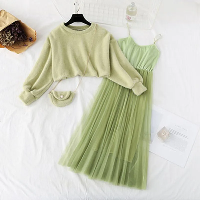 Sweet Two Pieces Suit Women Knitted Sweater Spring Winter O Neck Sweaters And Spaghetti Strap Dress Set Female Dress