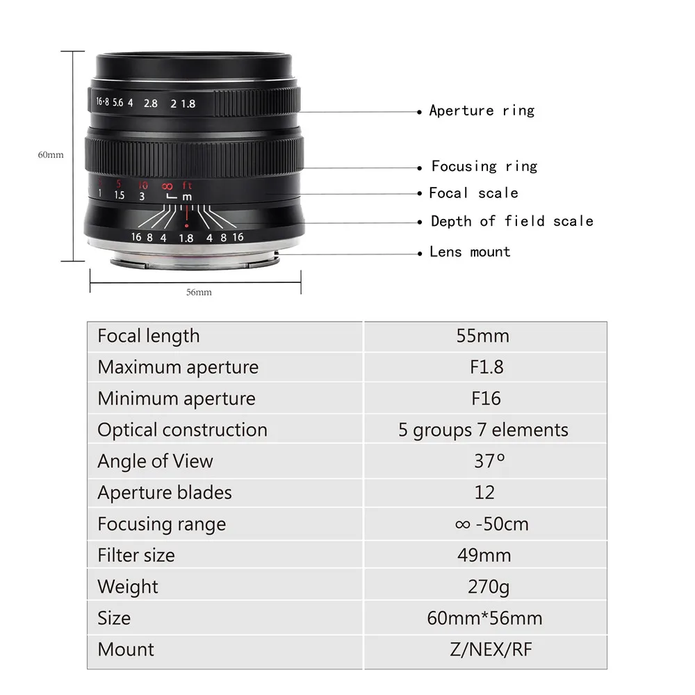 Imagem -05 - Brilho-lente de Câmera Estrela 55 mm F1.8 Armação Completa Foco Manual de mf para Nikon z6 z7 Canon Eos rf Sony e Câmeras sem Espelho