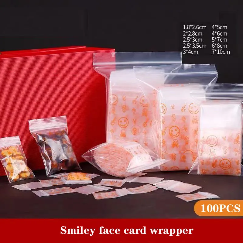 Color self-sealing bag storage bag printed orange red smile plastic bag packaging bag cartoon jewelry storage sundry bag 100PCS
