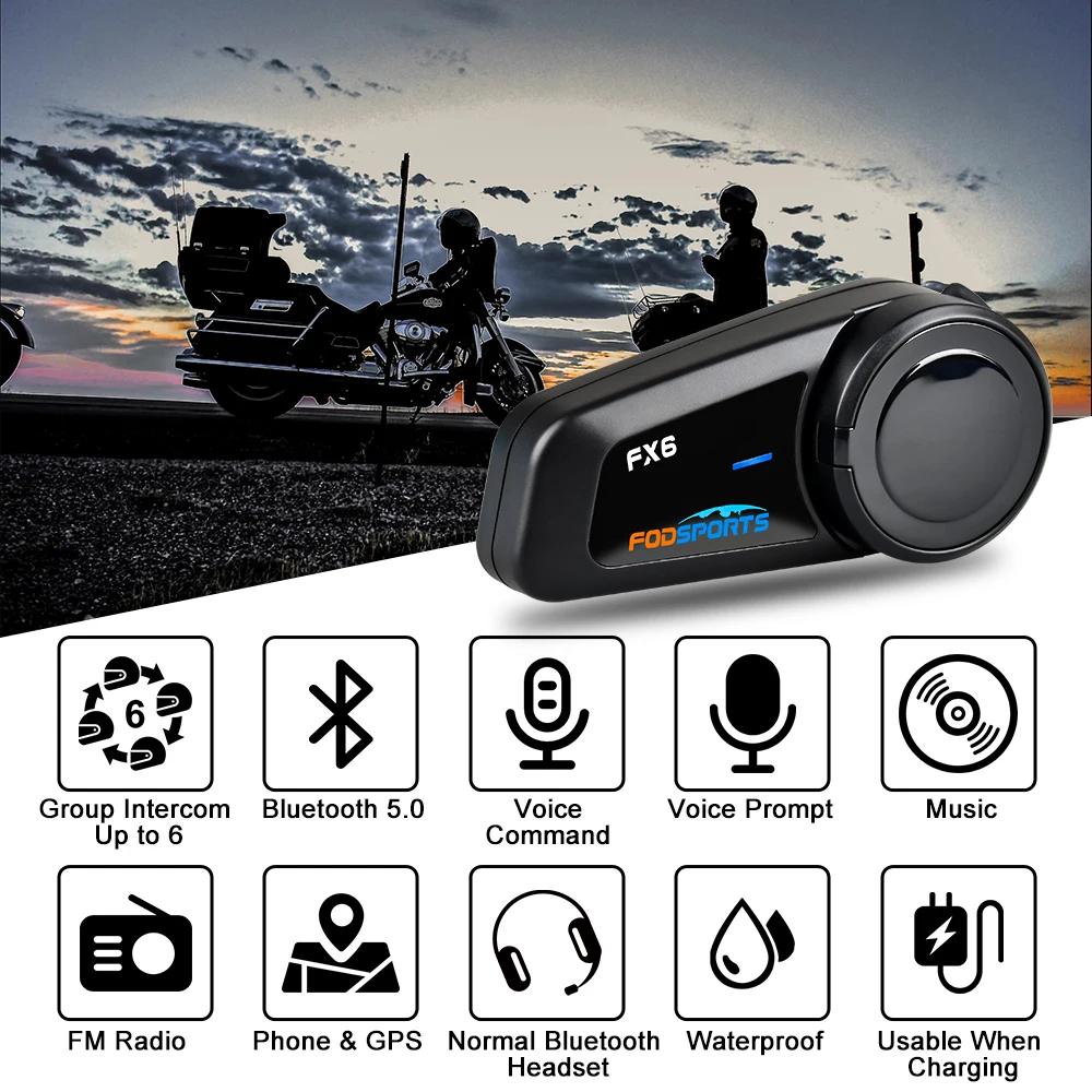 Fodsports FX6 Motorcycle Helmet Intercom Waterproof Bluetooth Headset 6 Rider BT 5.0 Interphone With FM Radio