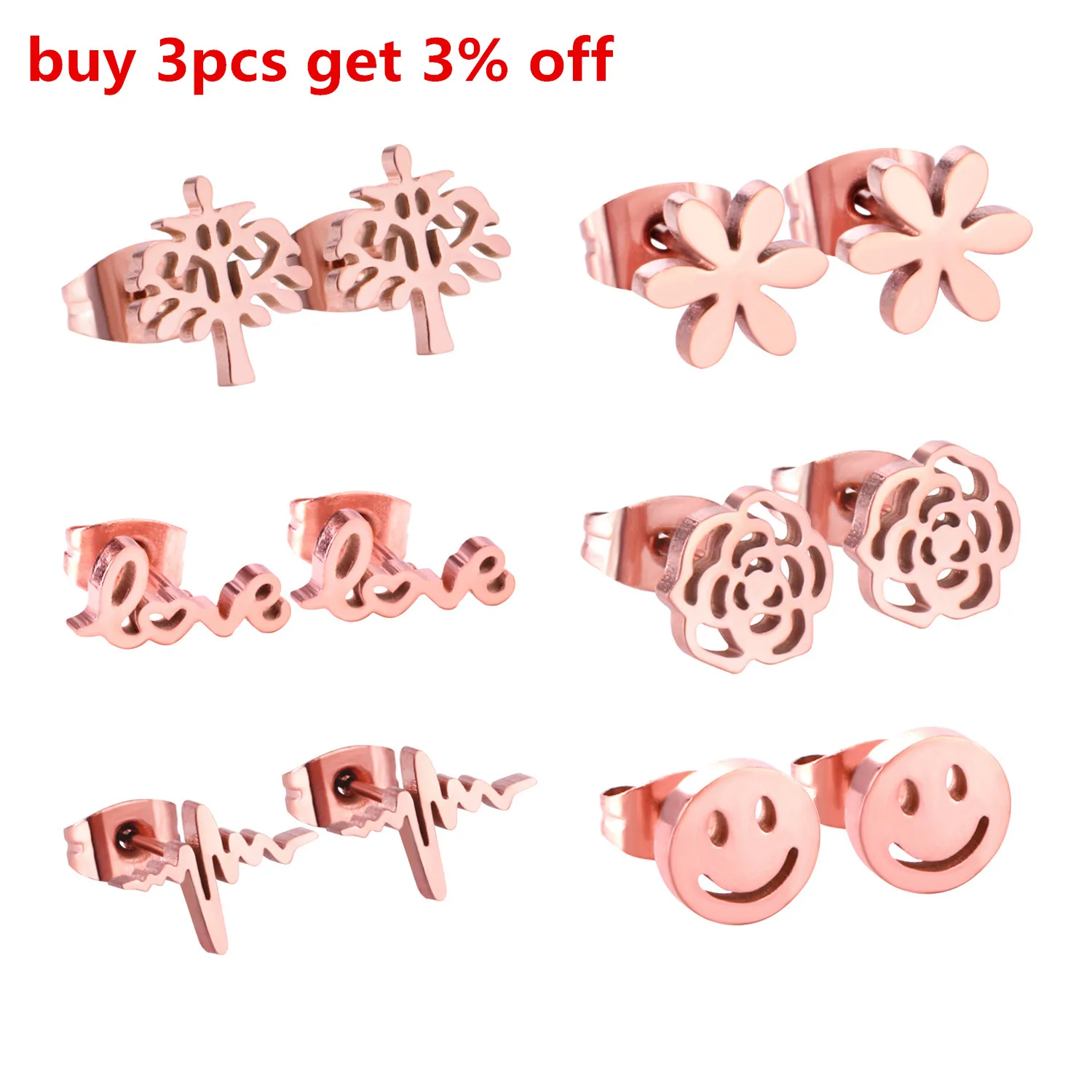 LUXUSTEEL Christmas Stud Earrings Stainless Steel Rose Gold Color Tree/Flower/Smile/Love/Beat Linghting 6Pairs/Boxes Earring Set