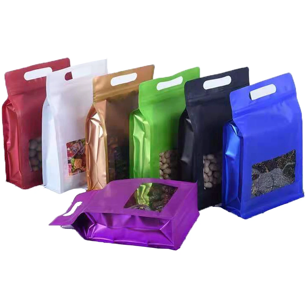 50Pcs Zip Lock Colorful Aluminum Mylar Foil Stand Up Bag with Clear Window Resealable Tear Notch Doypack Food Candy Bean Pouches