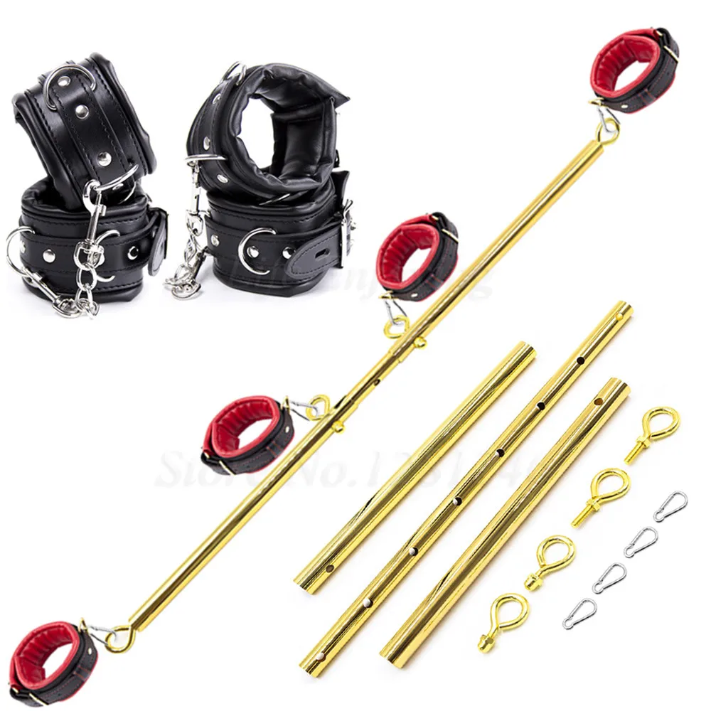 Golden Stainless Steel Adjustable Spreader Bar Set Sex Toy Couple Adult Games Bondage Restraints Slave Sex Swing Handcuffs Ankle