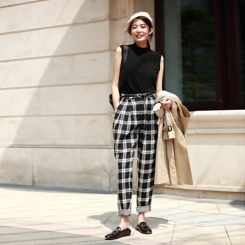 2019 new autumn fashion pants women Double faced wool black white plaid checkered England long casual loose pants trousers women