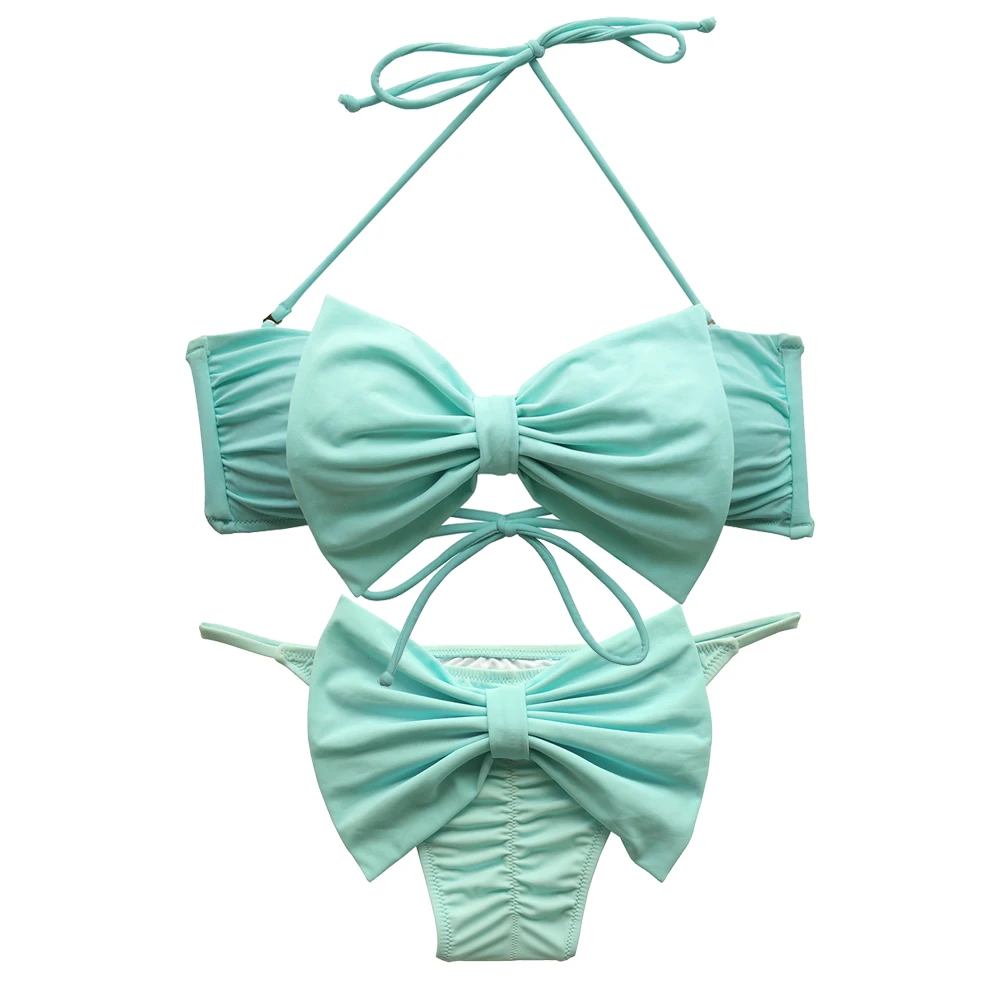 Women's Bandeau Blue Bikini Set Biquinis Brasileiro Bathing Suit Micro Light Blue Of Bow Cheeky Brazilian Swimwear Swimsuit