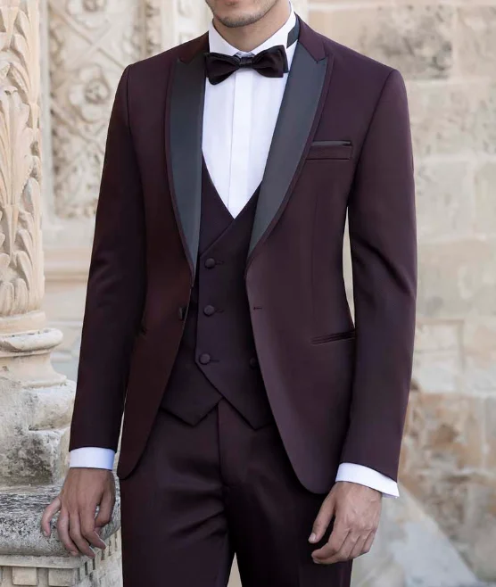 Ropa de novio color rojo vino, traje de boda ajustado, trajes de negocios, trajes de fiesta de graduación, traje de hombre mariage luxe 3 piezas (chaqueta + chaleco + Pantalones)