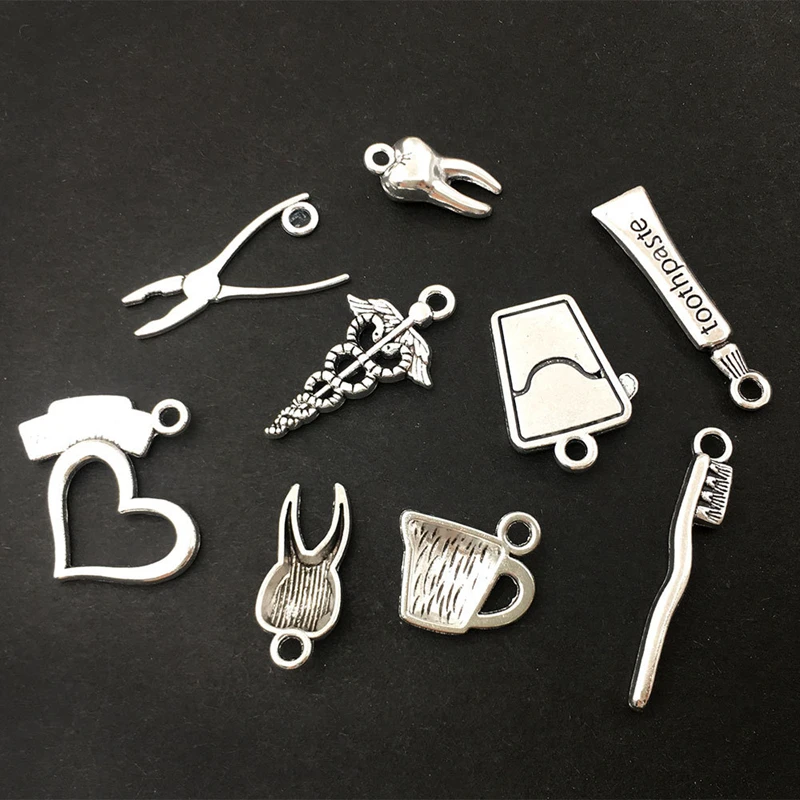 10pcs Cute Vintage Dentisit Dental Care Tools Pendant Charms Toothbrush Tooth Metal Charms for Diy Jewelry Making Accessories