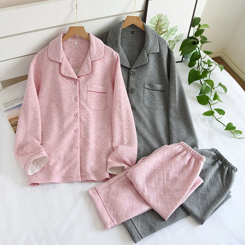 

Thicken Quilted scuba 100% cotton keep warm pajamas sets women men sleepwear simple long-sleeve Winter lovers pyjamas