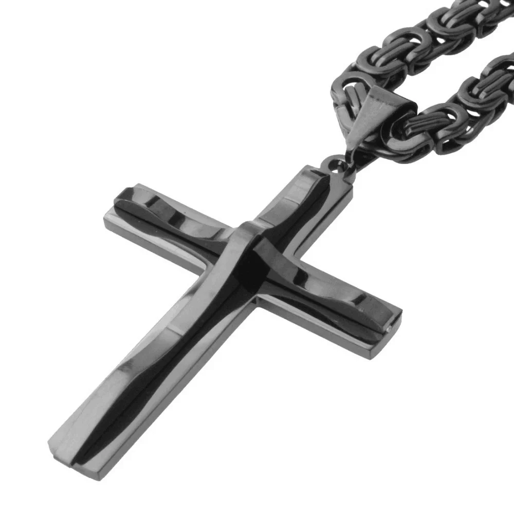 

New Design Black Tone 316L Stainless Steel Cross Pendant Necklace Jewelry Gift For Men Women With Byzantine Box Chain 18-34INCH