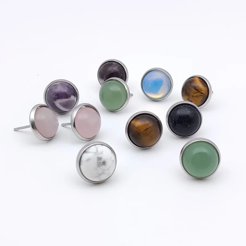 

Wholesale 10mm Cabochon Stainless steel Stone Stud Earrings Tiger Eye Opal Pink Crystal Adjustable earing for Women Girl Jewelry