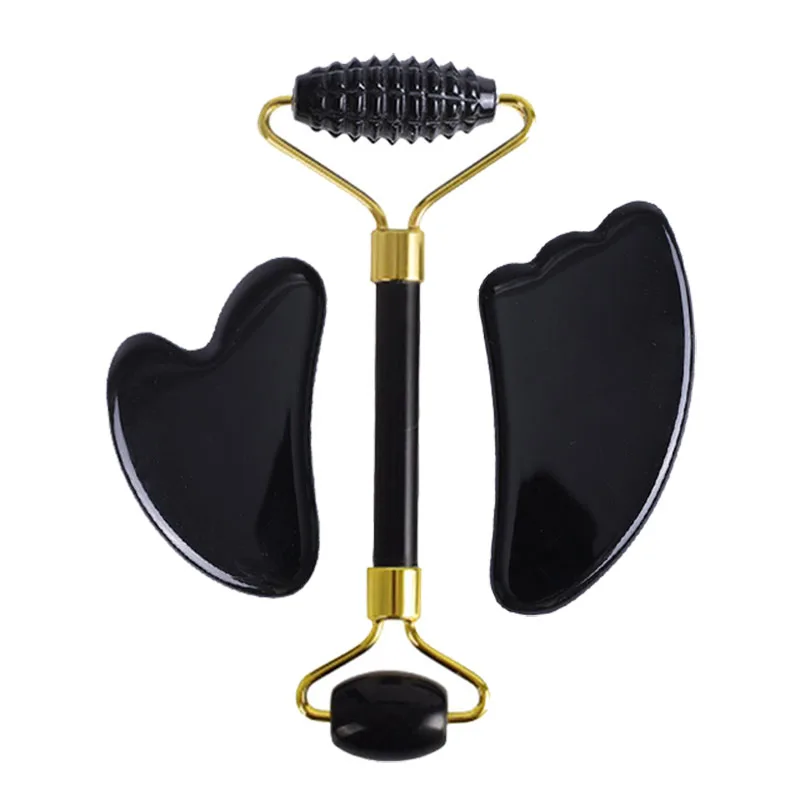 Natural Black Obsidian Face Massager Gouache Scraper Gua Sha Massage Tool Set Jade Roller Gouache For Face Jade Massage Roller