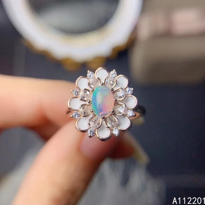 

Fine Jewelry 925 Sterling Silver Inlaid With Natural Gemstone Women's Classic Exquisite Flower Opal Adjustable Ring Support Dete