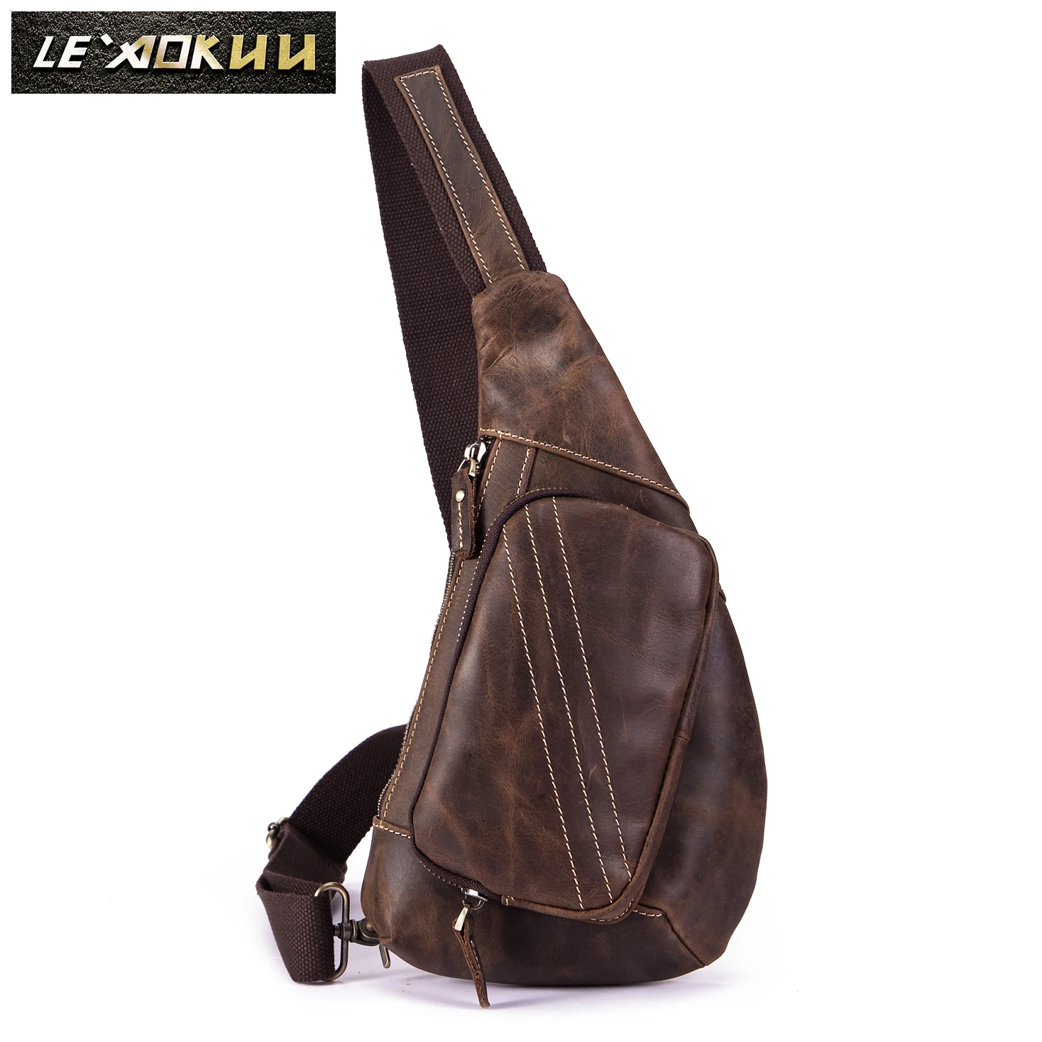 Quality Men Original Leather Fashion Tringle Chest Pack Bag Design Male Sling Crossbody One Shoulder Bag Backpack Daypack 8810-d