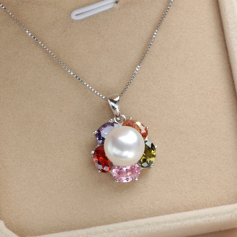 New Charming Colorful Zircon 925 Sterling Silver Women's Pendant AAAA 10-10.5mm Natural Freshwater Pearl Jewelry Birthday Gift