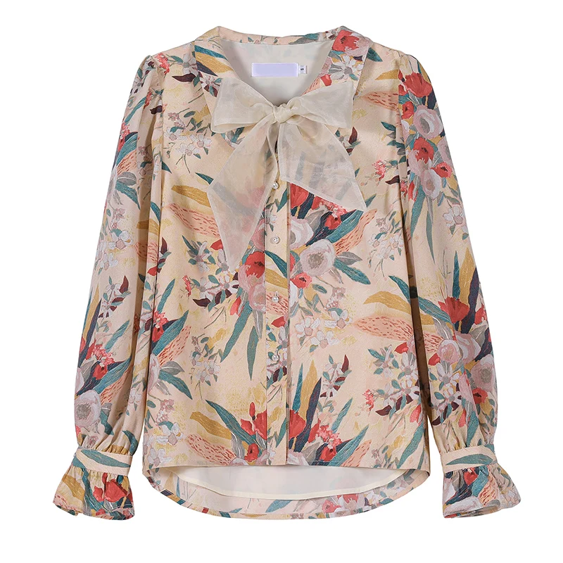 Fashion Women Shirt 2021 Spring New Floral Long Sleeves Chiffon Shirt Female Western Style Bow Tie Bottoming Shirt Printed Top