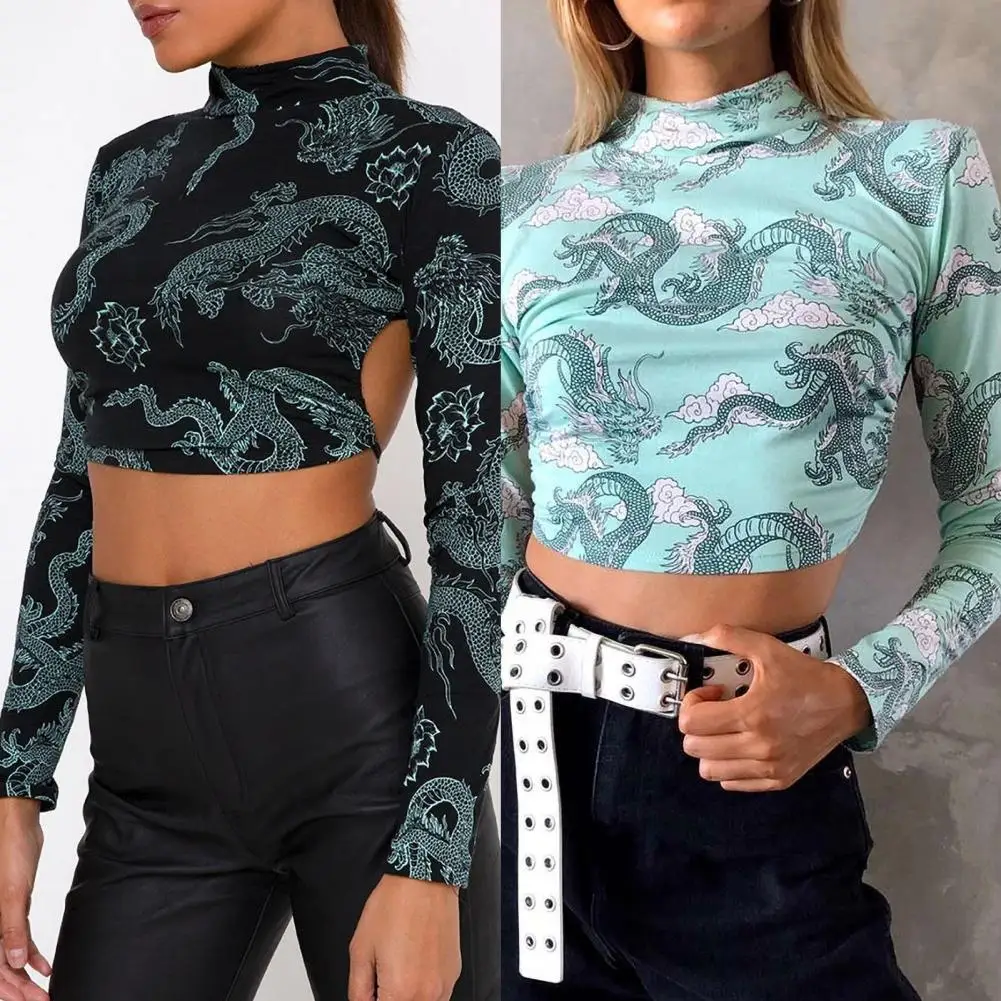 Women Dragon Pattern Print Crop T-shirts Tops Long Sleeve O Neck Slim Crop Top Blouse Backless Sexy Tees Skinny Elastic Clothing