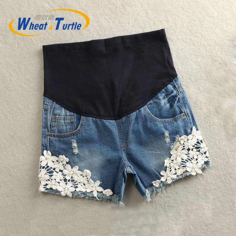 2023 Summer New Arrival Maternity  Short Jeans Most Hot Sale Lace Decorated Pop  Pant Denim  For Pregnant Women