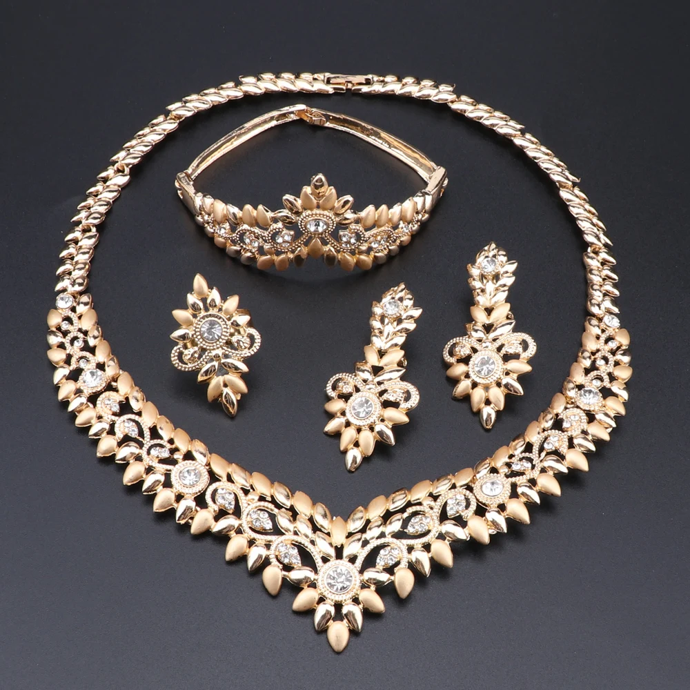 Dubai Wedding Necklace For Women African Jewelry Sets Bracelet Earrings Ring Bridal Design Gold Color Jewelery Set