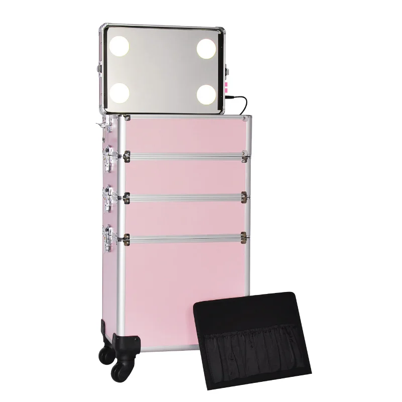 Imagem -06 - Maquiagem Profissional Trolley Case Mala de Manicure Pink Wheels Beleza Led Light Mirror Organizer Cosmetic Travel Box Personalizado