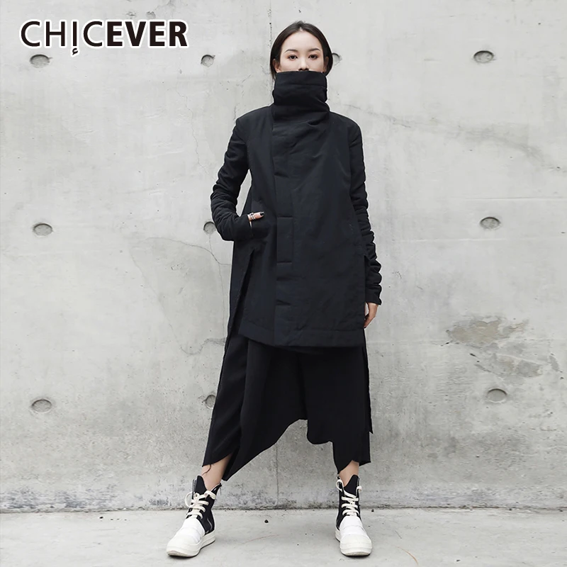 

CHICEVER Black Winter Clothing For Women High Neck Long Sleeve Loose Asymmetrical Solid Casual Coats Female Korean Fashion 2022