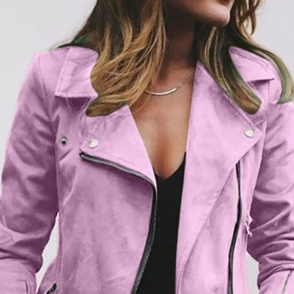 80% Hot Sell Plus Size Biker Women Solid Color Lapel Long Sleeve Zip Up Short Jacket Coat