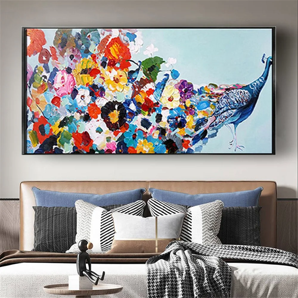 The Peacock Picture Hand-Painted Modern Abstract Oil Painting On Canvas Flowers And Bird Wall Art For Home Living Room Decoratio