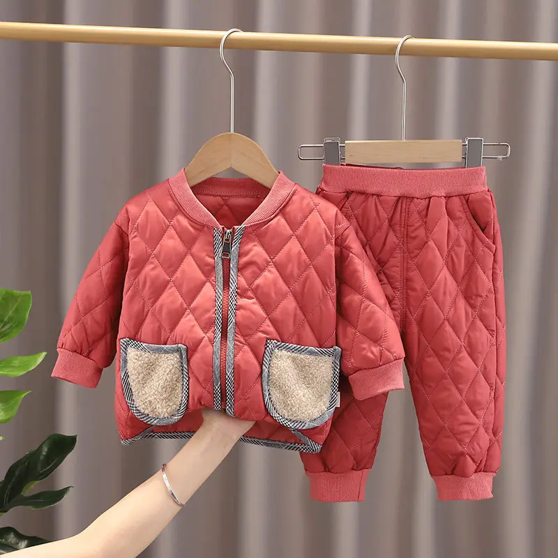 NEW Warm Coat Cute Infant Newborn Kids Girls Solid Cotton-padded Clothes Long Pants 2pc/set Outfit Cotton Kids Boys Tracksuit