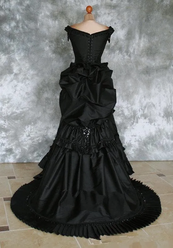 Beaded Gothic Victorian Bustle Prom Gown with Train Vampire Ball Masquerade Halloween Black Evening Dress Steampunk Goth