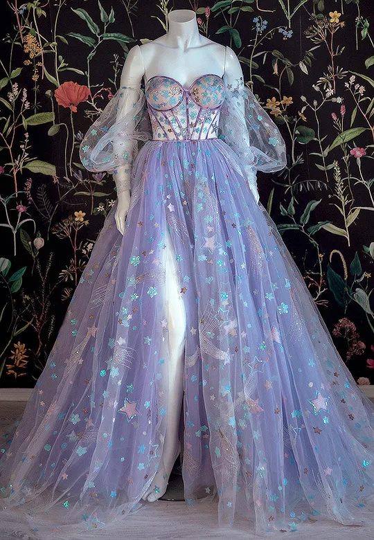 Vestido de tul púrpura claro, vestido Floral sin hombros, escote Corazón, Vestidos de Noche de línea a con apliques de inicio de hendidura, vestido