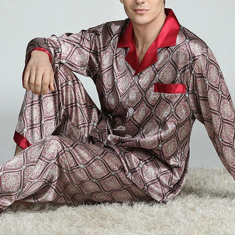 Męskie satynowe jedwabne zestawy piżam bielizna nocna Casual koszula nocna luźna odzież codzienna piżamy Pijamas jesień nowy nadruk bielizna nocna Homewear