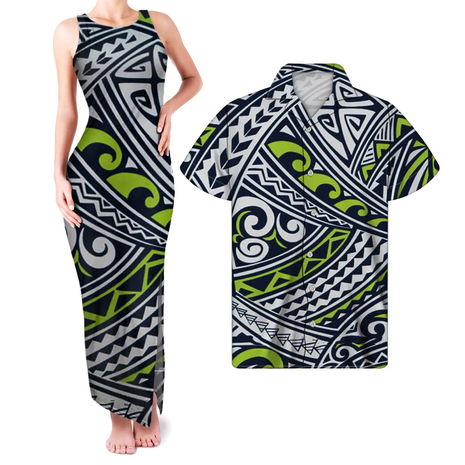 HYCOOL New Long Sleeveless Dresses For Women Polynesian Tribal Sexy Slit Silver Dress Bodycon Maxi Dresses For Women Summer 2022