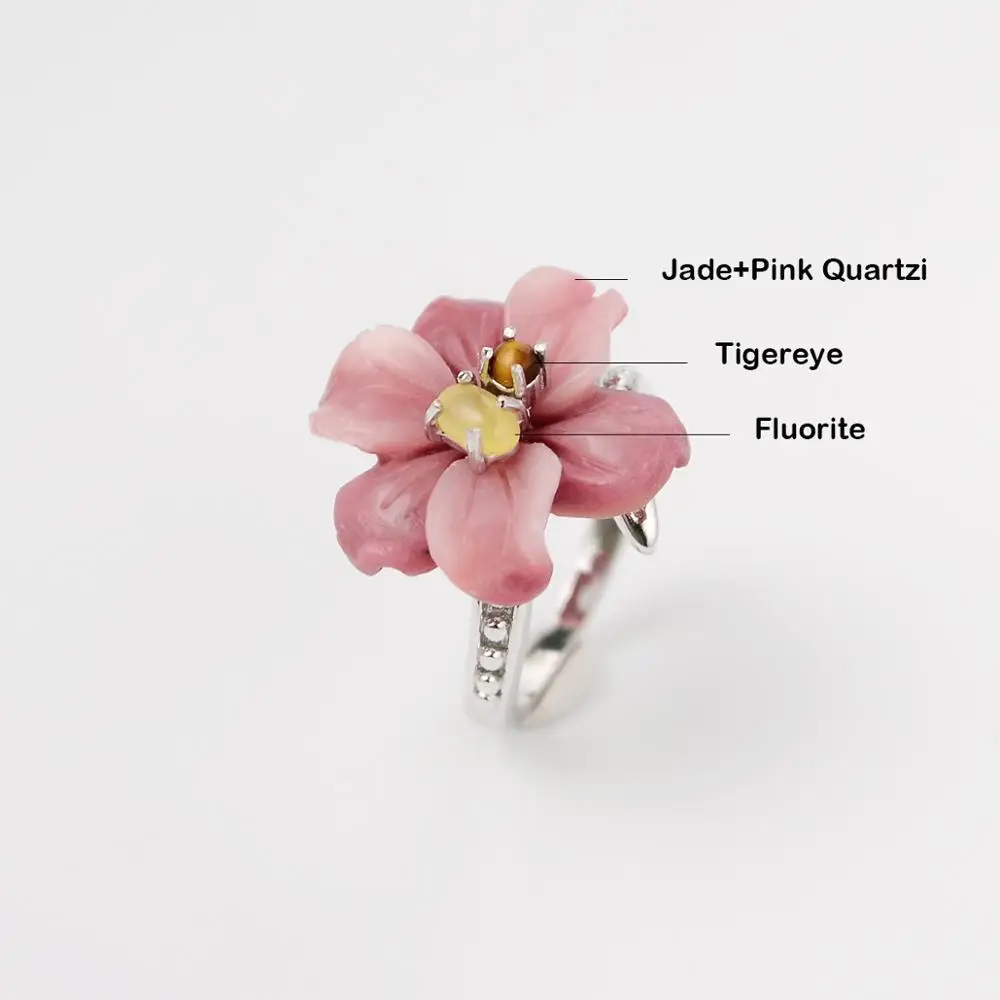 MIQIAO Natural Stone Ring Tigereye Fluorite Adjustable Big Flower 925 Sterling Silver Jewellery For Women Accessories Female