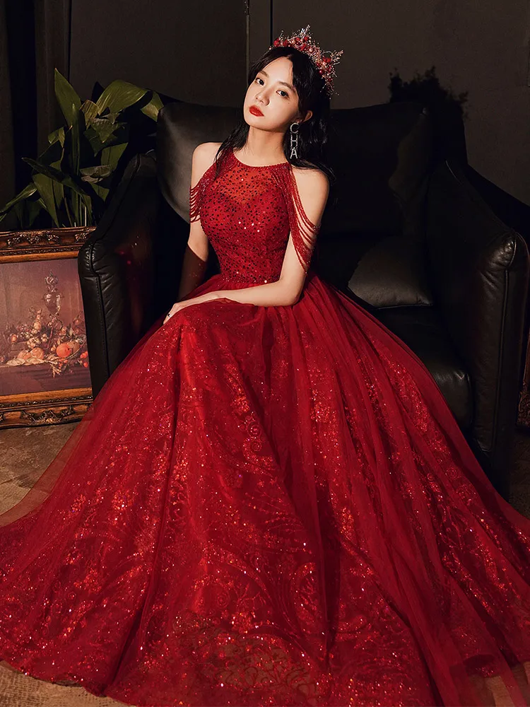 Customized Luxury Sequins Evening Dress Banquet Elegant Halter Wine Red Crystal Beading Prom Formal Gown Vestido De Festa