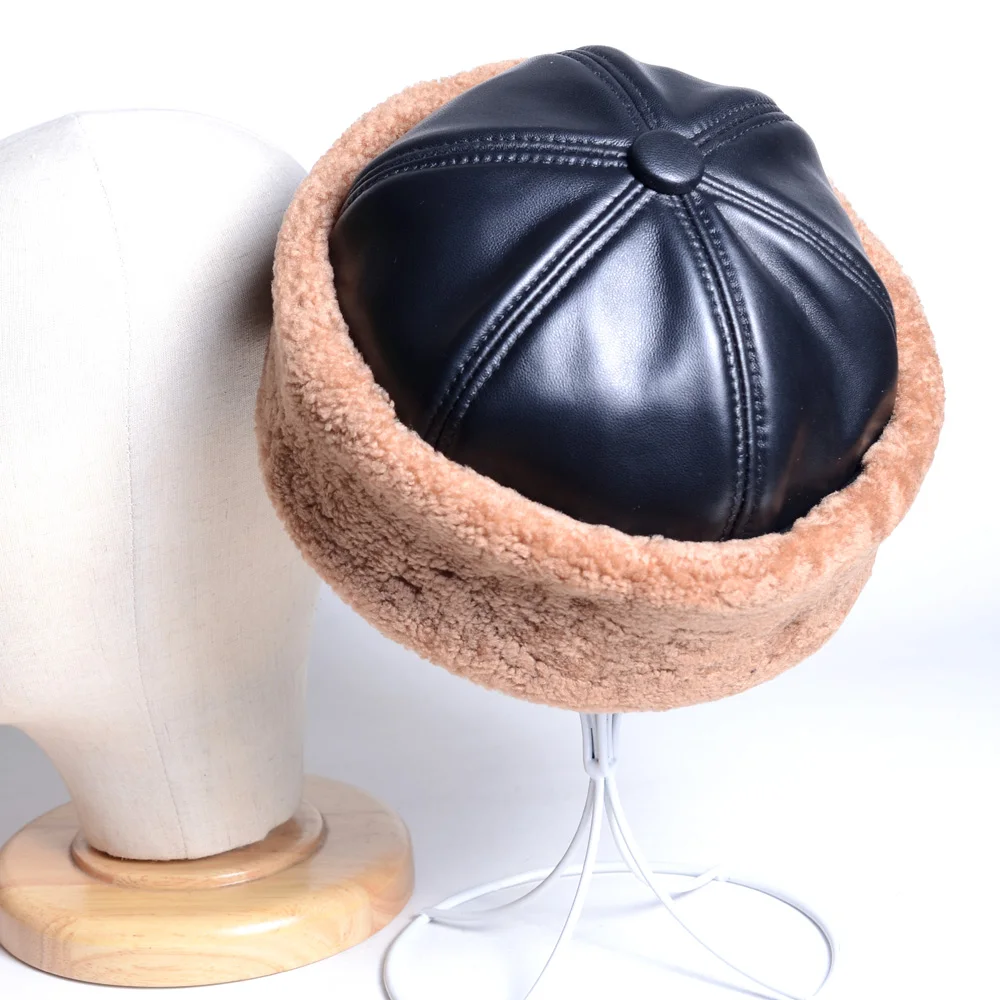 Men\'s Women\'s Real Leather Real Fur Winter Warm Thick lining Skullcap Beanies Beret Round Hat Brimless Caps/Hats