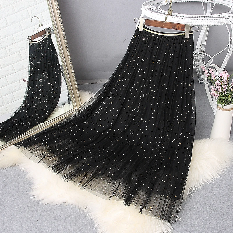 

2022 Spring Sequins Mesh Skirt Women Skirts Elastic High Waist Skirt A-Line Pleated Skirts Jupe Femme Faldas Saias Streetwear