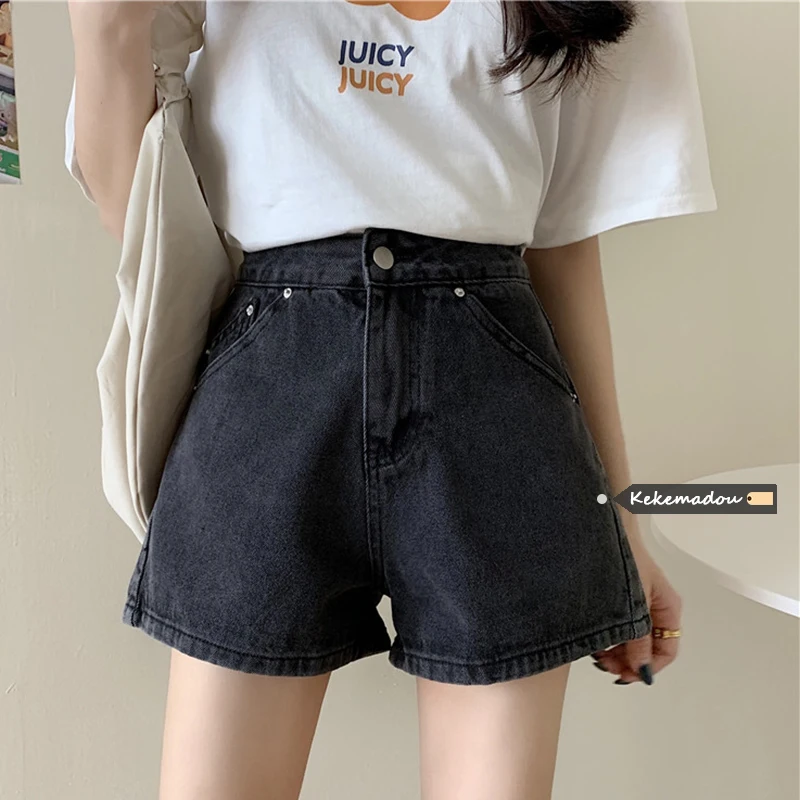 

Women Denim Shorts Summer Patchwork Pockets Simple Fashion High Waist Thin All-Match Black Casual Streetwear Short Jeans New