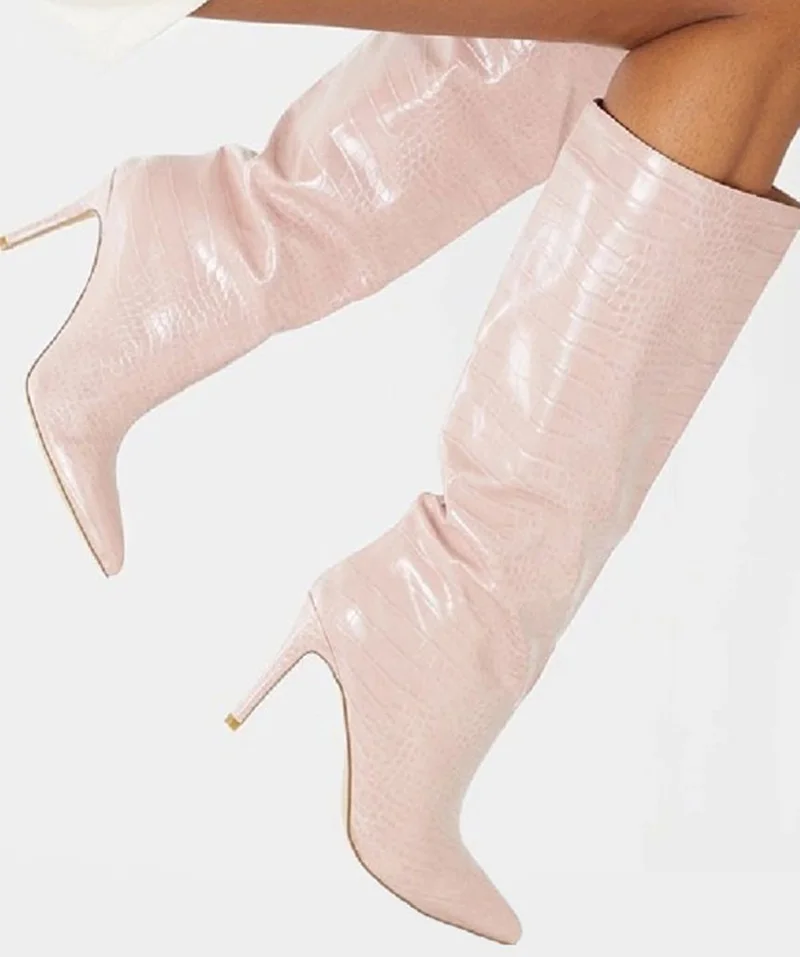 Woman Crocodile Knee High Boots Pointed Toe Fuchsia Snakeskin Winter Long Boots Stiletto Heels Club Party Dress Shoes