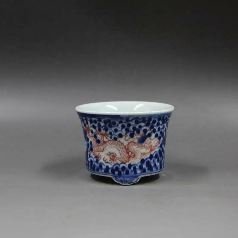Chinese Blue and White Porcelain Red Dragon Flowerpot Pot 3.6 inch