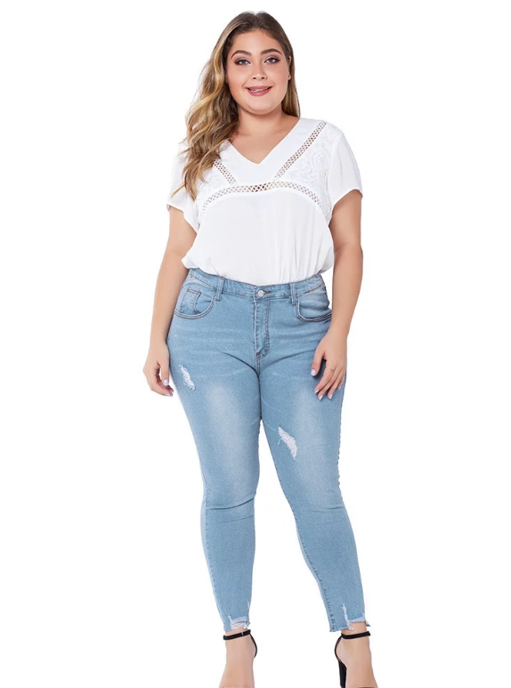 Zerrissenen Jeans für Frauen Plus Größe 4XL Lose Butt Lifing Große Größe Blau Jeans Distressed Boyfriend-Jeans ouc713