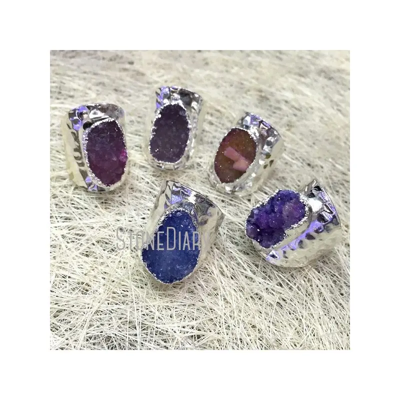 

RM938 5Pcs Silver Plated Irregular Shape Ring Agates Druzy Ring Adjustable