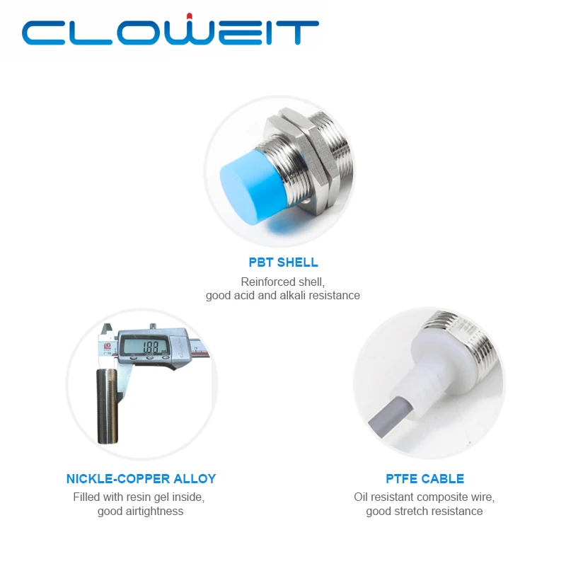 Cloweit LM18 Inductive Proximity Sensor Metal Detection Approach Switch IP68 1000Hz 16mm/10mm/8mm/5mm Distance NPN DC12/24V PLC